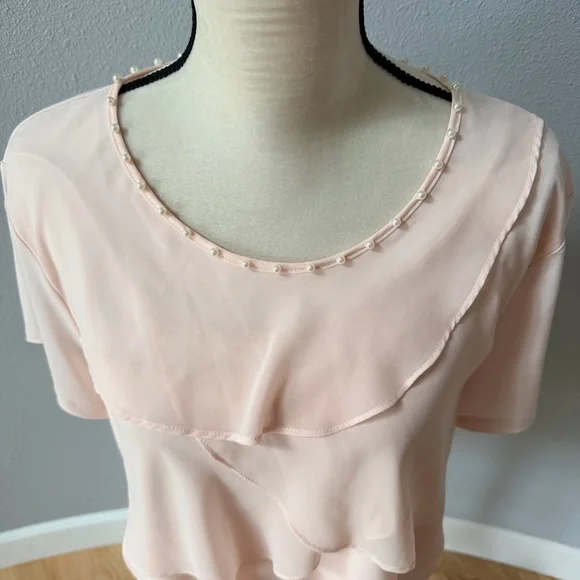 Karl Lagerfeld Paris Tiered Short Sleeve Soft Pink Layered Blouse - Picture 3 of 13